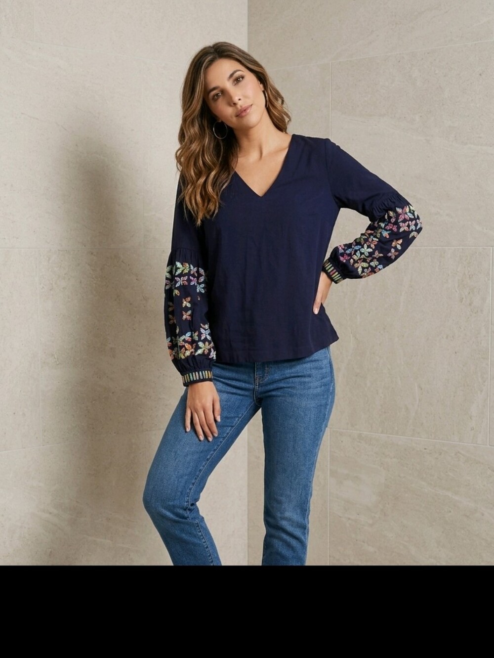 Anthropologie Navy V-Neck Blouse with Embroidered Floral Balloon Sleeves